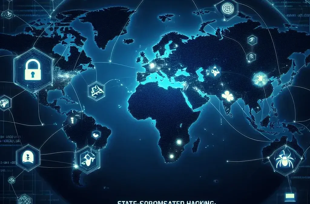 Alt text: "Diagram illustrating state-sponsored hacking activities and their global implications, highlighting various cyber threat vectors and geopolitical impacts in the context of nation-state cyber warfare."