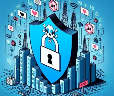 Alt text: "Ilustrasi teknis yang menggambarkan solusi perusahaan telekomunikasi untuk memblokir penipuan SMS-Premium, termasuk pengawasan jaringan dan teknologi keamanan."