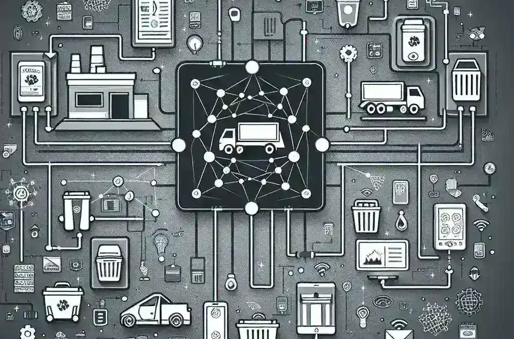 "Ilustrasi sistem pengelolaan sampah cerdas menggunakan teknologi IoT, menunjukkan sensor pintar yang terpasang pada tempat sampah untuk memantau dan mengelola limbah secara efisien."