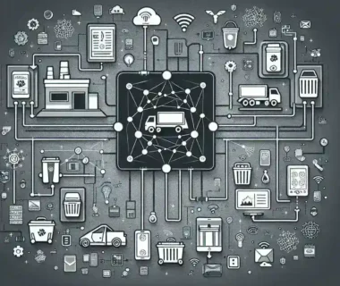 "Ilustrasi sistem pengelolaan sampah cerdas menggunakan teknologi IoT, menunjukkan sensor pintar yang terpasang pada tempat sampah untuk memantau dan mengelola limbah secara efisien."
