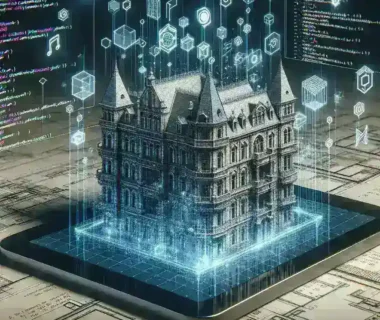 "Rekonstruksi bangunan bersejarah menggunakan aplikasi berbasis AI dengan tampilan digital yang menunjukkan detail arsitektur dan teknologi canggih."