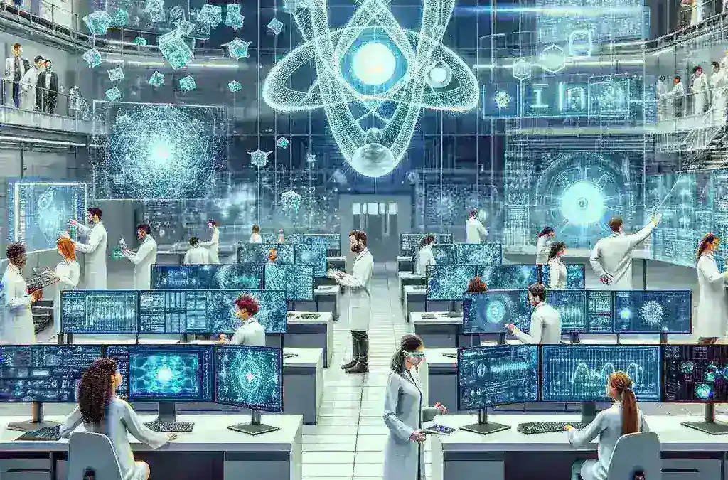 "Fasilitas Quantum AI untuk Riset Penelitian Universitas - Gambar menunjukkan laboratorium modern dengan sistem komputer canggih yang digunakan untuk penelitian Quantum AI di universitas, menggambarkan inovasi teknologi dan kolaborasi akademik."