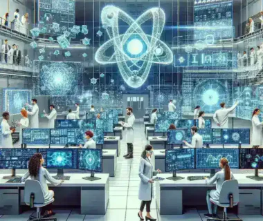 "Fasilitas Quantum AI untuk Riset Penelitian Universitas - Gambar menunjukkan laboratorium modern dengan sistem komputer canggih yang digunakan untuk penelitian Quantum AI di universitas, menggambarkan inovasi teknologi dan kolaborasi akademik."